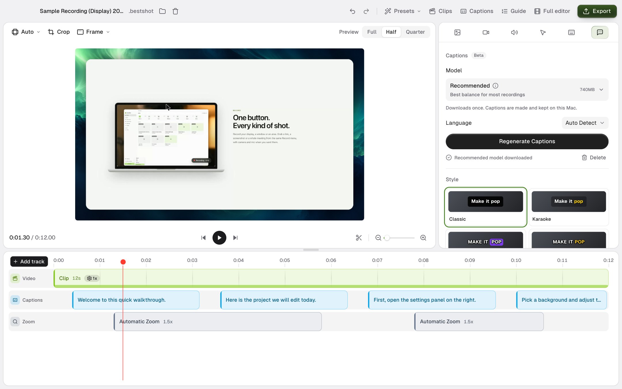 The Captions tab with a downloaded model and Regenerate Captions, and caption lines on the timeline