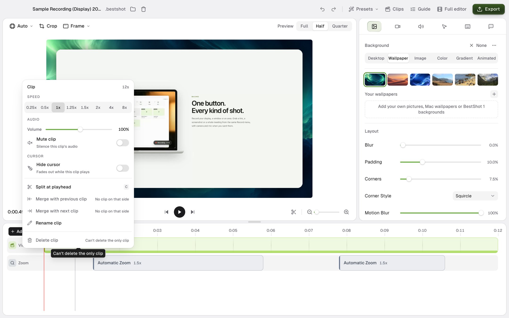 The clip menu with Speed, Volume, Mute clip, Hide cursor and the Split, Merge, Rename and Delete actions