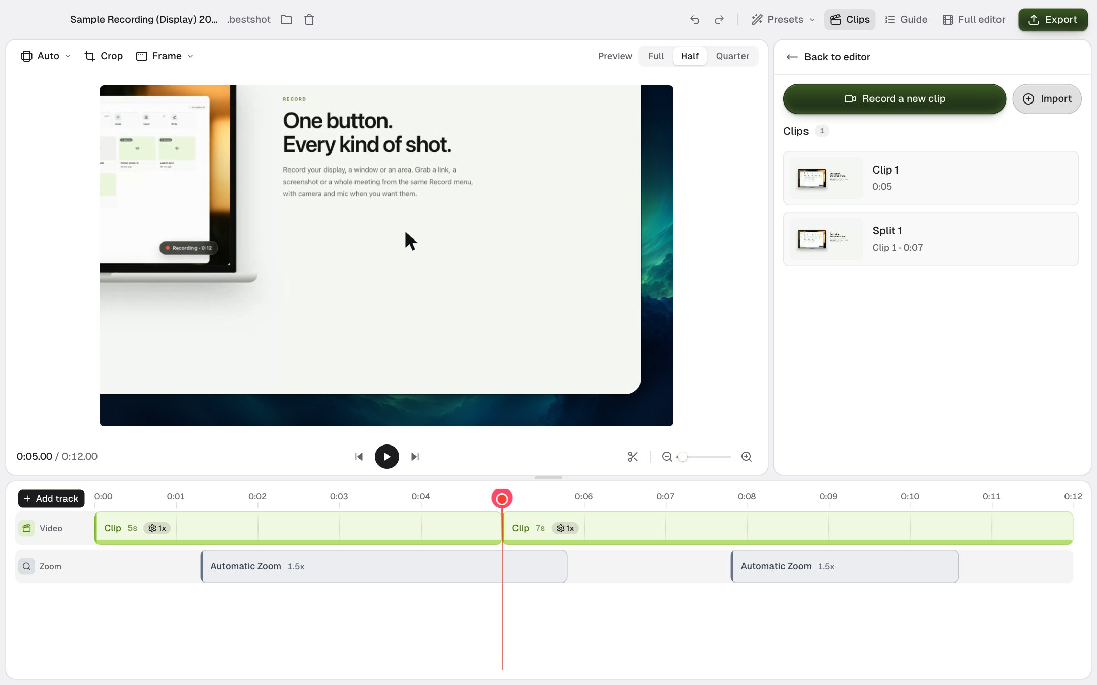The Clips list with Record a new clip, Import, and two clips named Clip 1 and Split 1