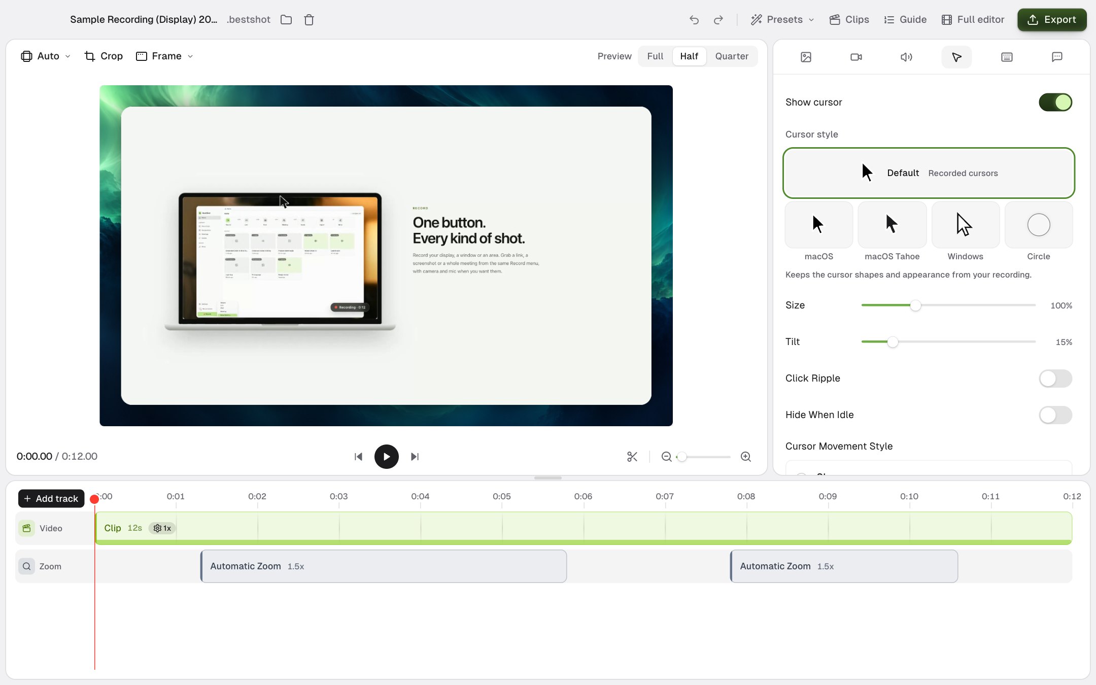 The Cursor tab with Show cursor, Cursor style, Size, Tilt, Click Ripple and Hide When Idle