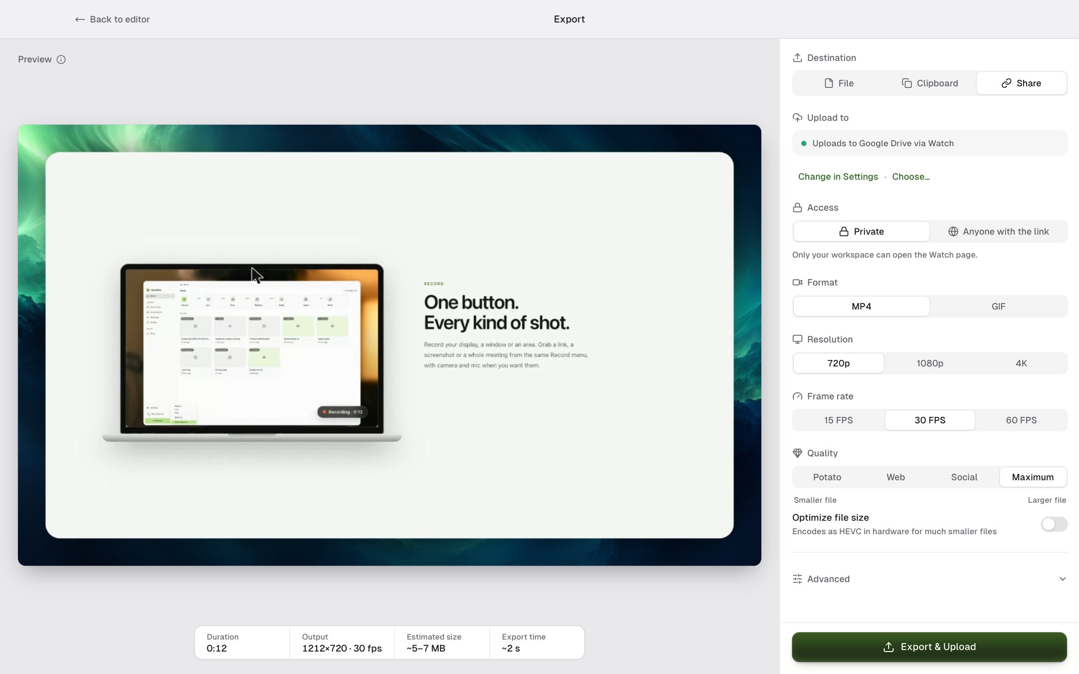 The Share destination with Upload to, Access set to Private, and the Export & Upload button