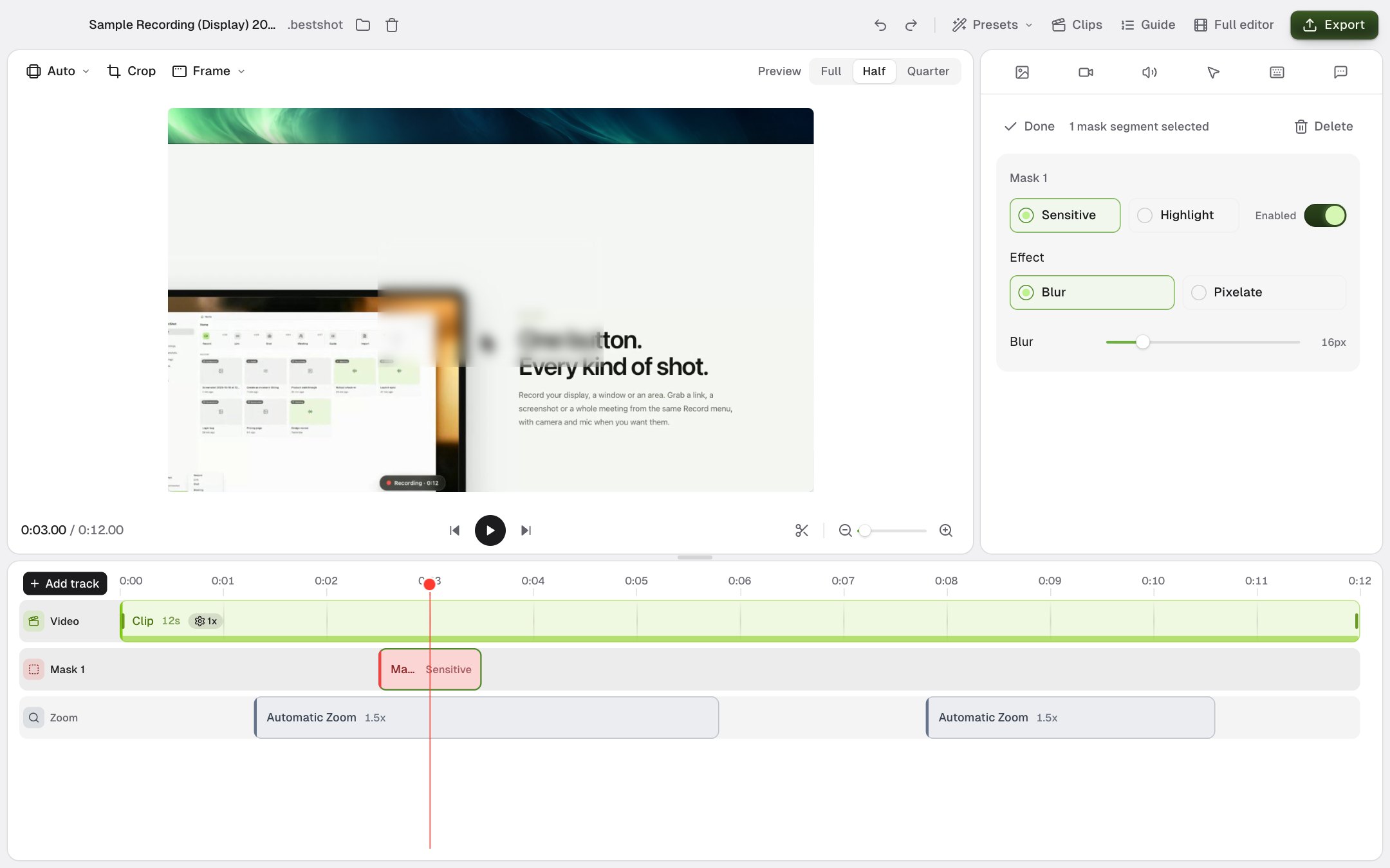 A blur mask over part of the screen in the preview, with Sensitive, Blur and the blur amount in the sidebar