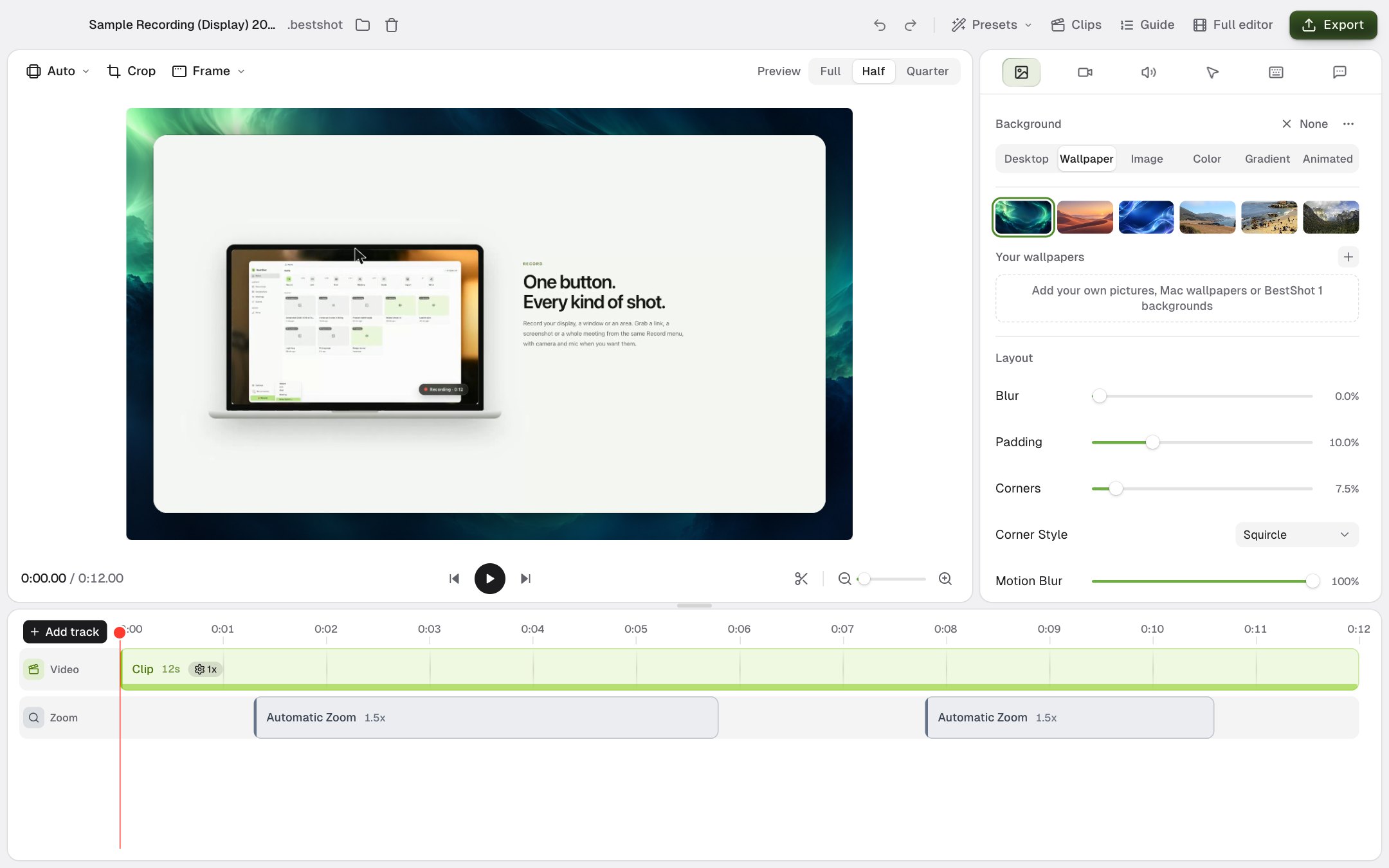 The editor with the preview on the left, the settings sidebar on the right and the timeline along the bottom