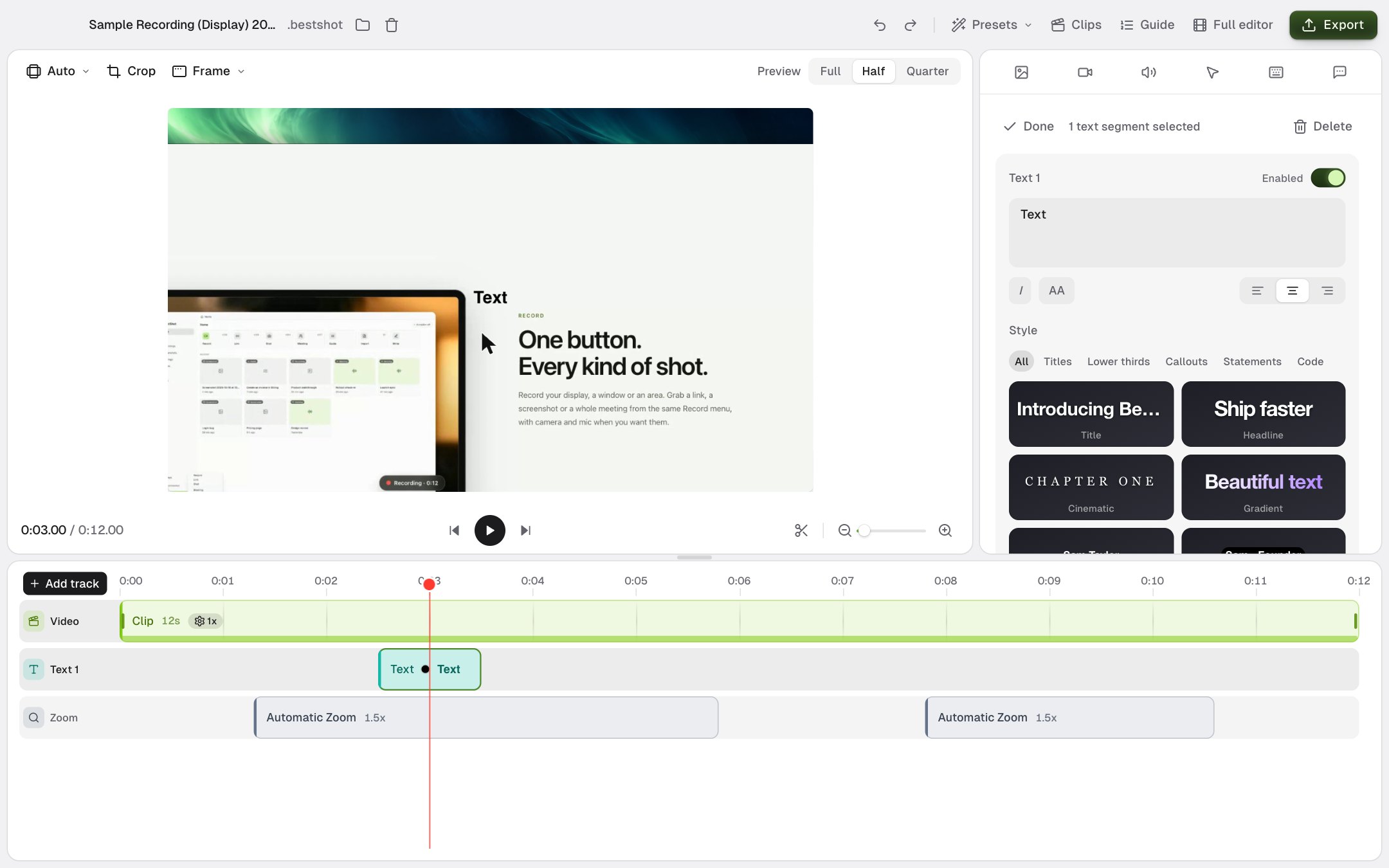 A text box in the preview, with the text settings and the Style presets in the sidebar