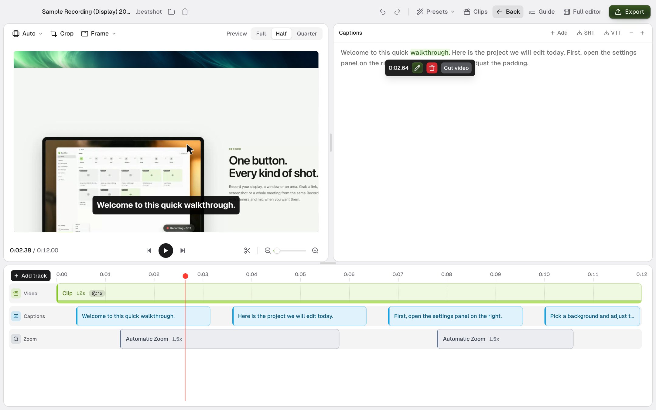 The transcript next to the preview, with one word selected and its Edit, Delete and Cut video buttons