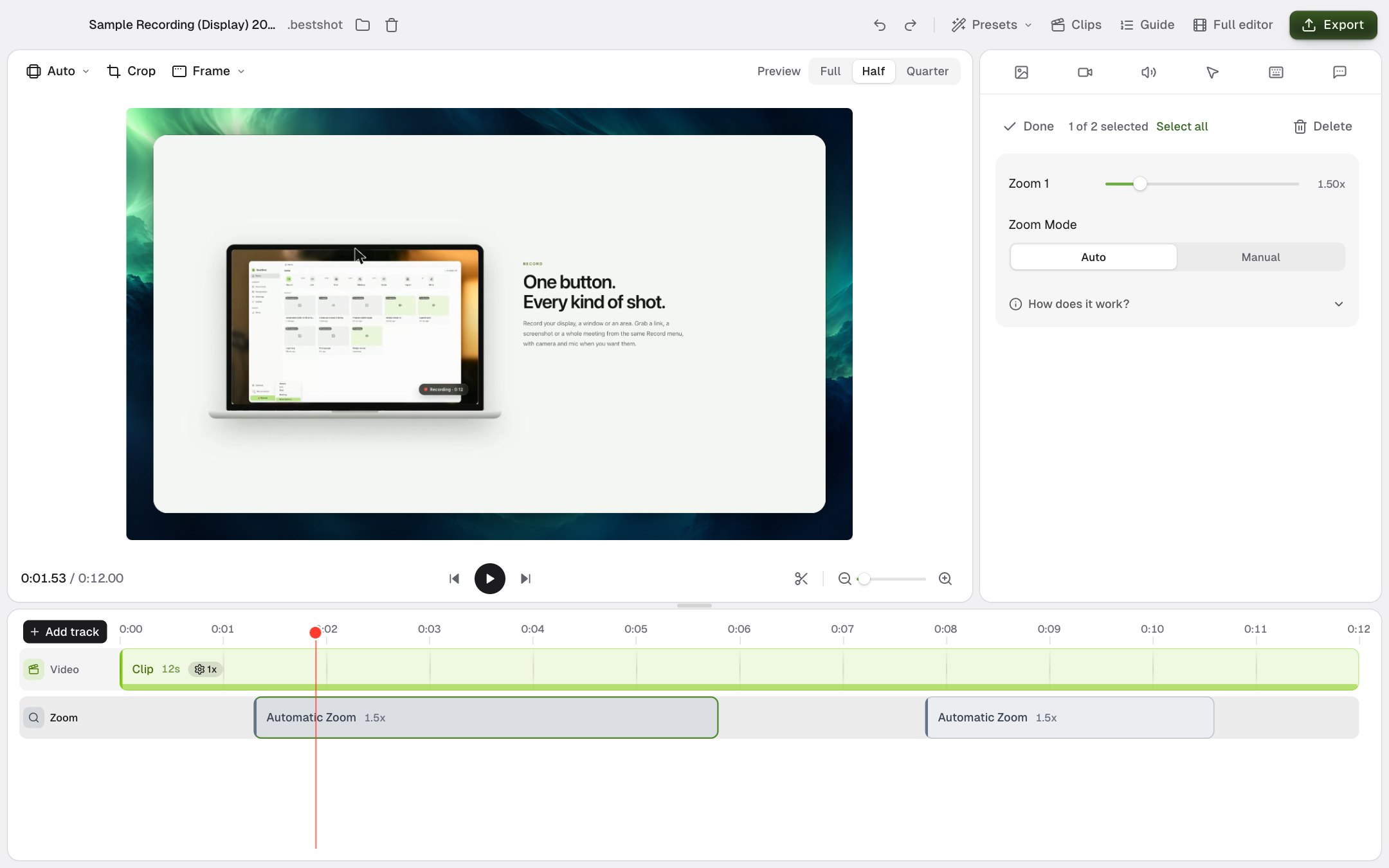 A zoom selected on the timeline, with its Zoom amount slider and Zoom Mode in the sidebar