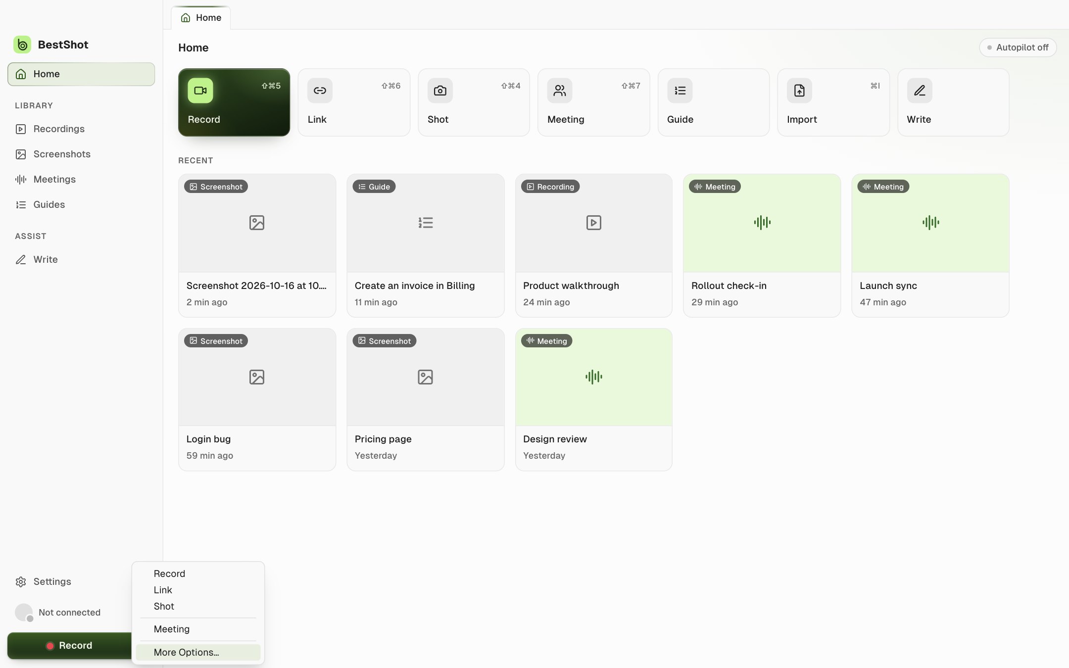 The Record menu open at the bottom of the sidebar, listing Record, Link, Shot and Meeting