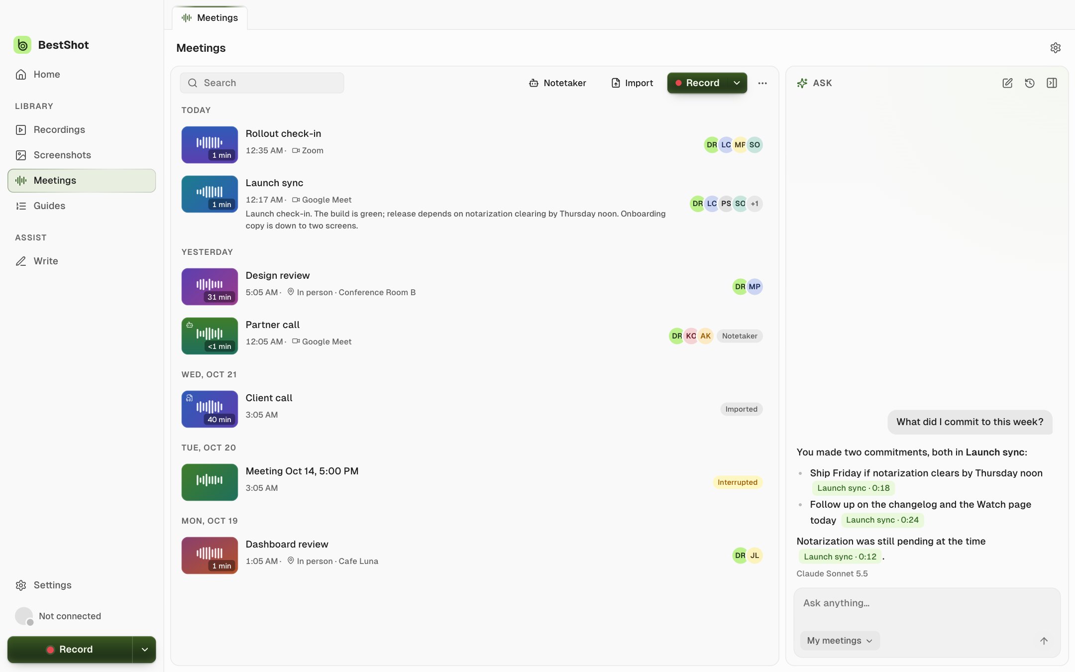The Ask panel answering "What did I commit to this week?" with citation chips such as Launch sync · 0:18