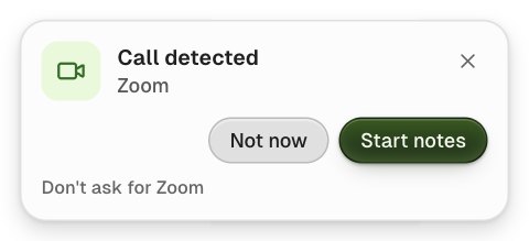 The Call detected card for Zoom with Not now, Start notes and Don't ask for Zoom
