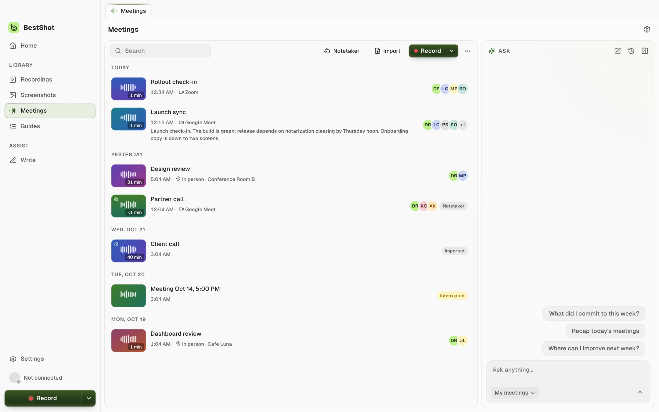 The Meetings library with the Record button, recent meetings grouped by day and the Ask panel on the right