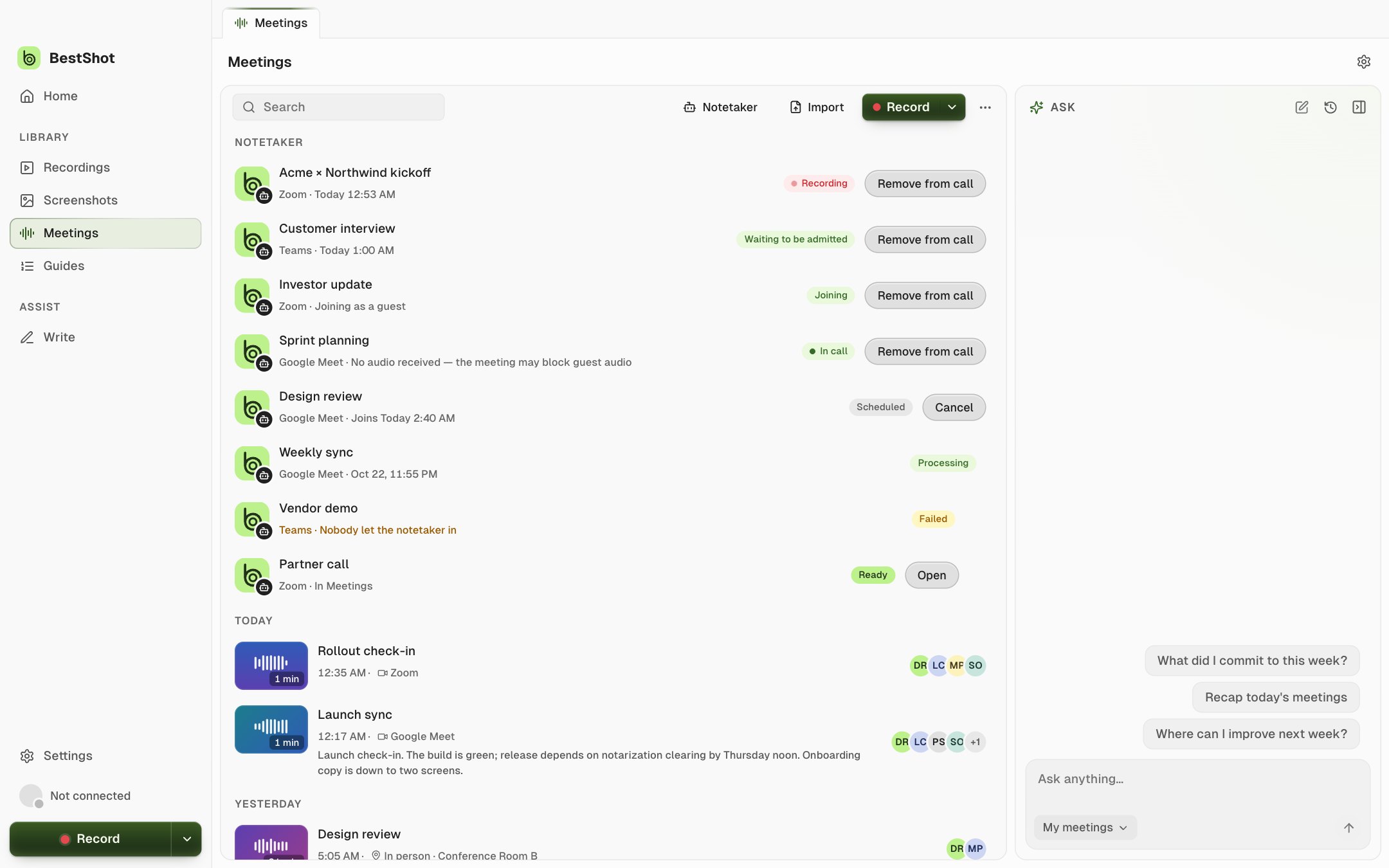 The Notetaker group listing calls with statuses such as Recording, Waiting to be admitted, Scheduled and Ready
