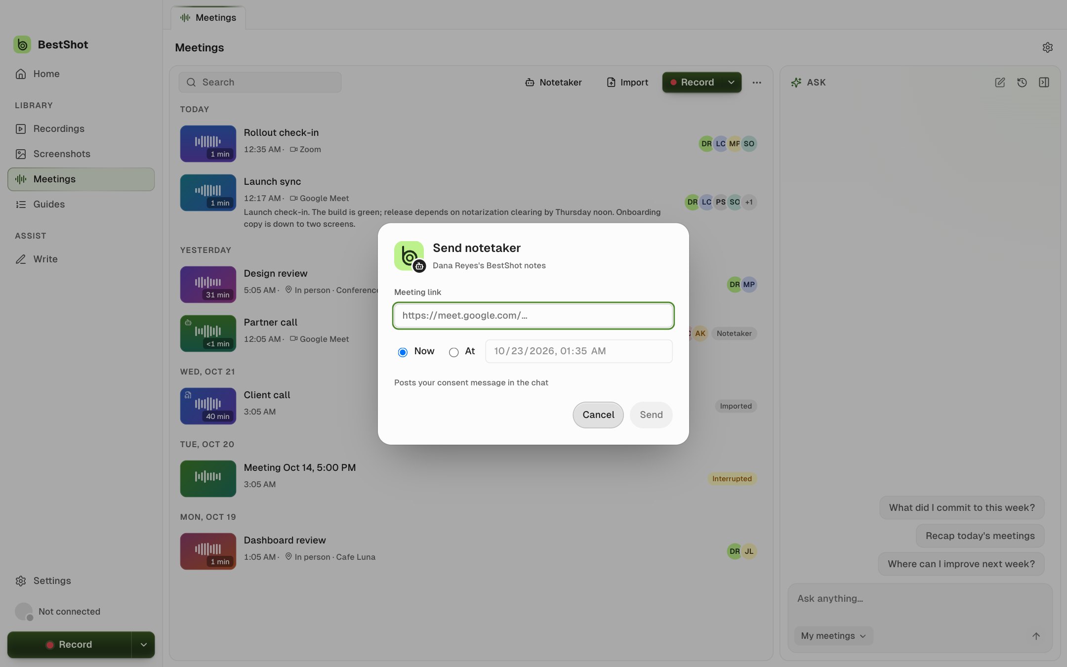 The Send notetaker dialog with a Meeting link field, Now and At options and the Send button