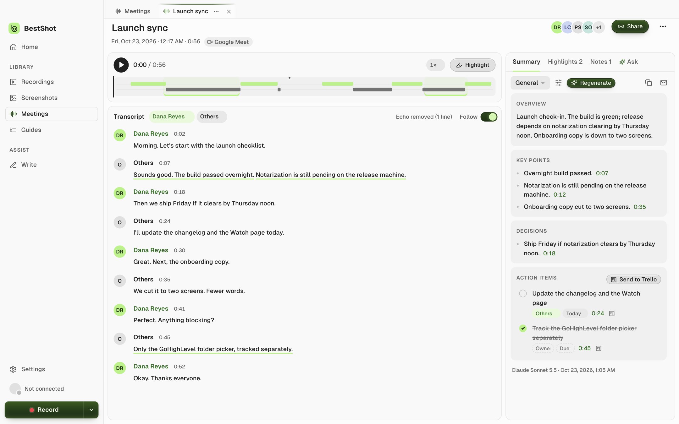 A meeting page with the audio player and timeline at the top, the transcript grouped by speaker, and the Summary panel on the right