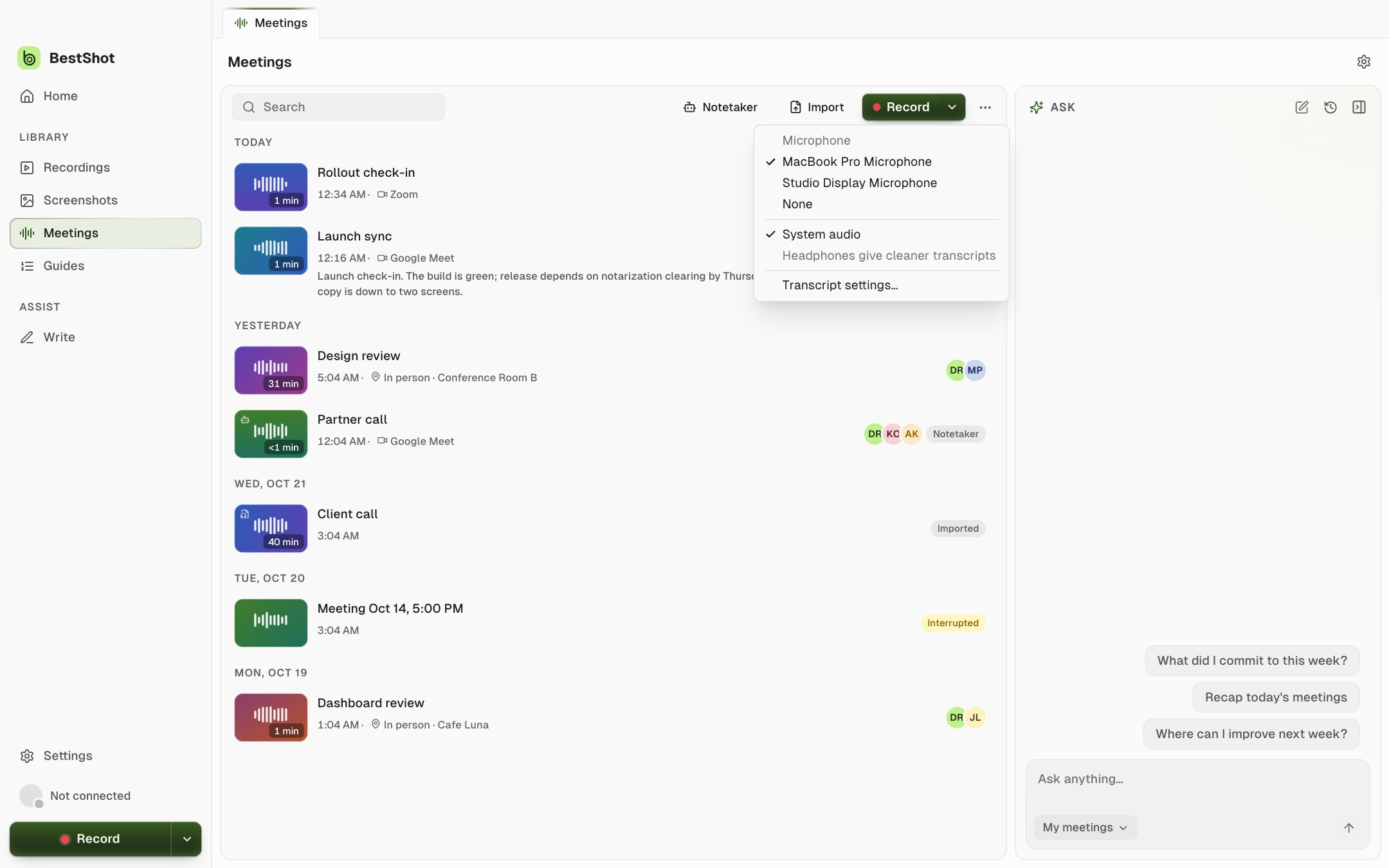 The Record sources menu with a list of microphones, None, System audio and Transcript settings