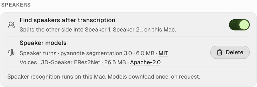 Settings → Meetings → Speakers with Find speakers after transcription on and the speaker models installed