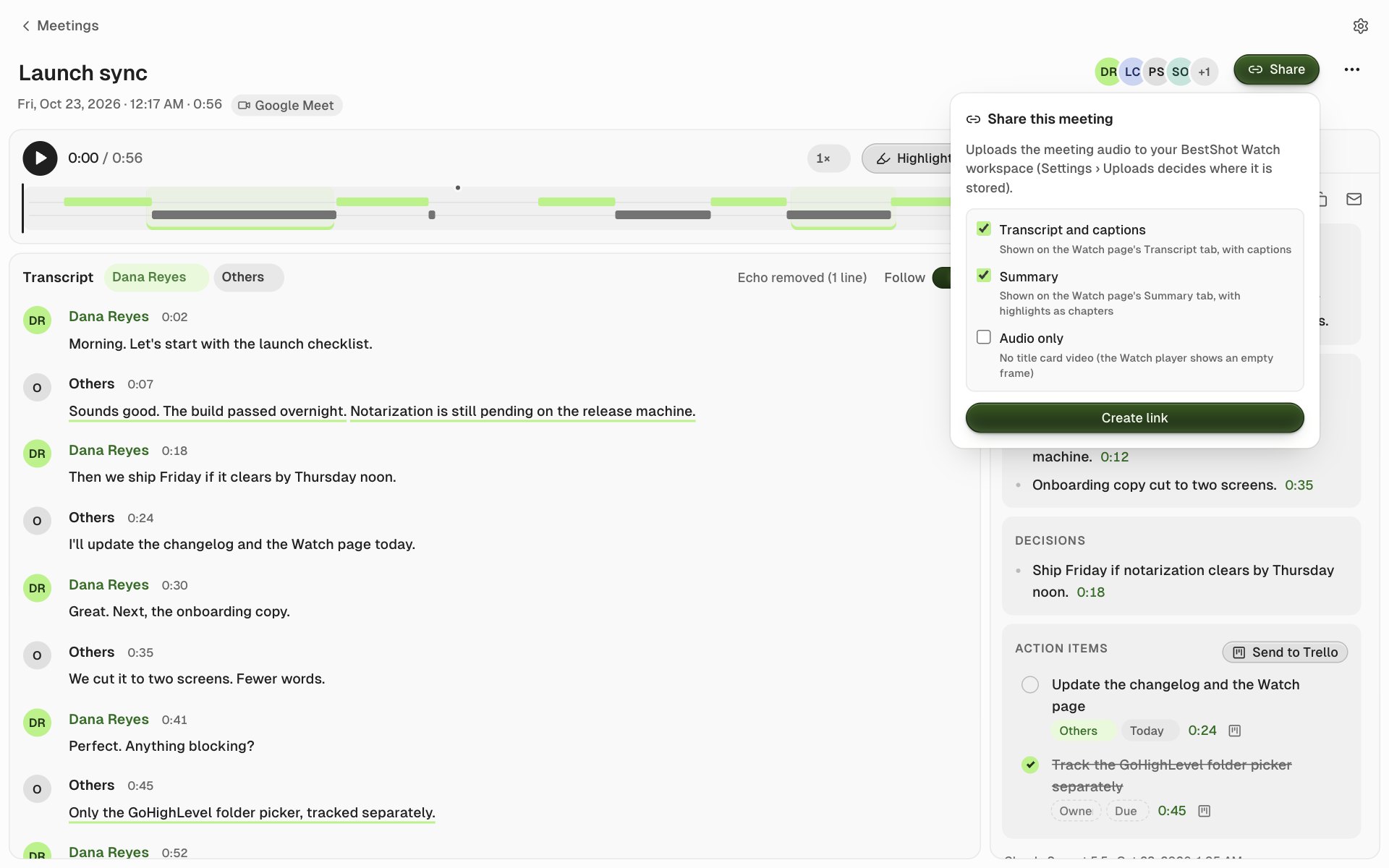 The Share this meeting popover with Transcript and captions, Summary and Audio only options and the Create link button