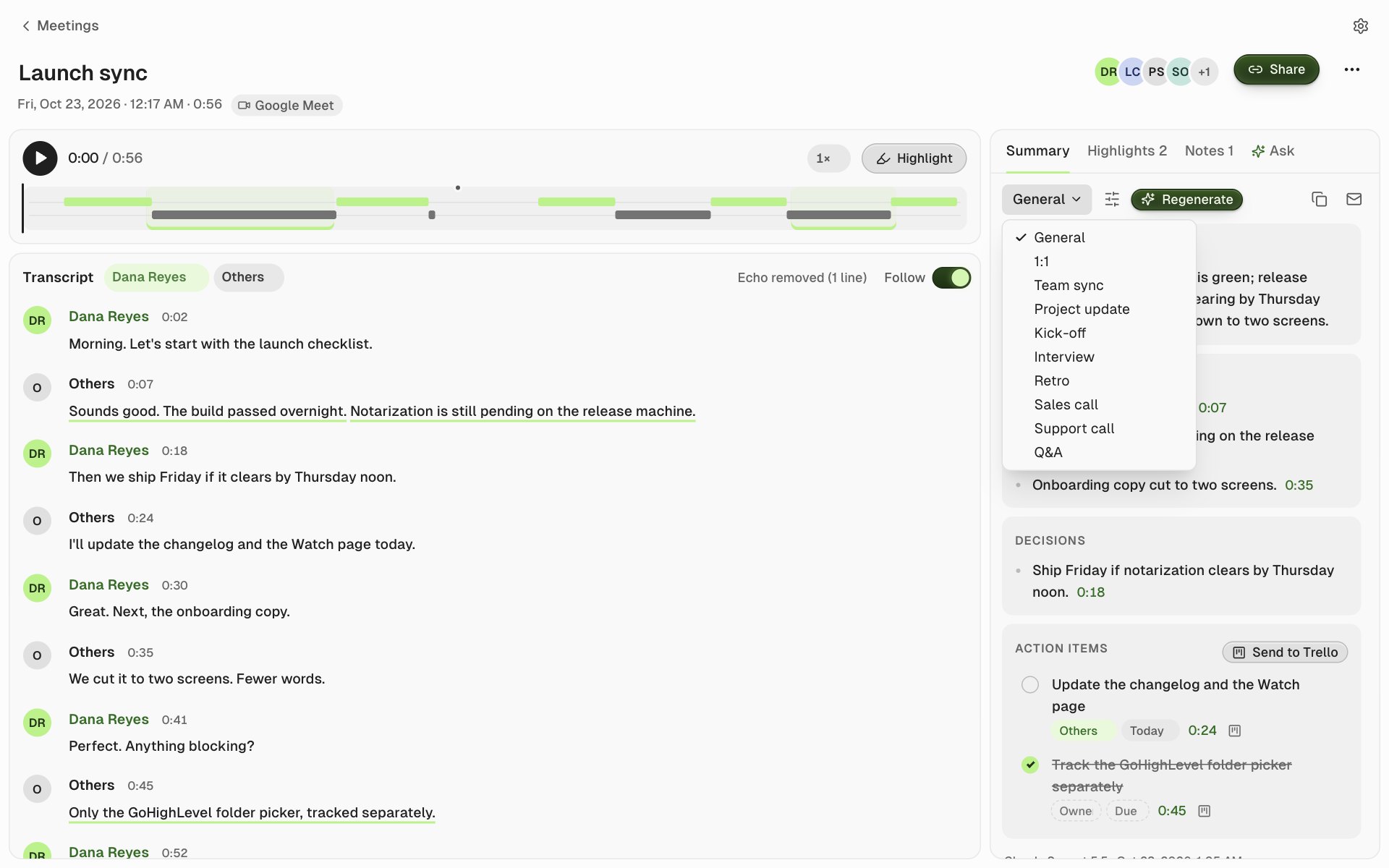 The Summary tab with the template menu open, listing General, 1:1, Team sync, Project update, Kick-off, Interview, Retro, Sales call, Support call and Q&A