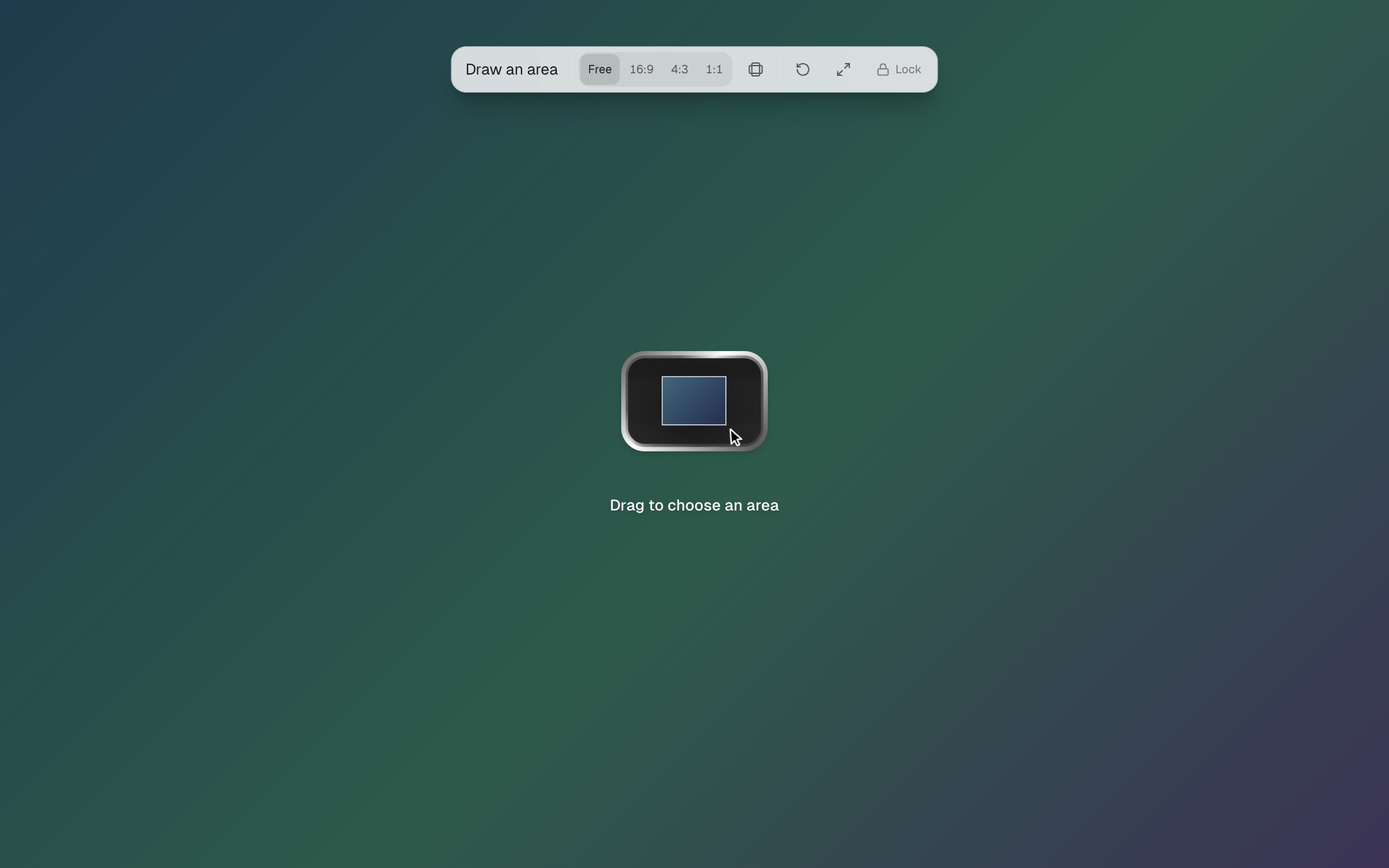 The area picker over the desktop with a Draw an area toolbar and the hint Drag to choose an area