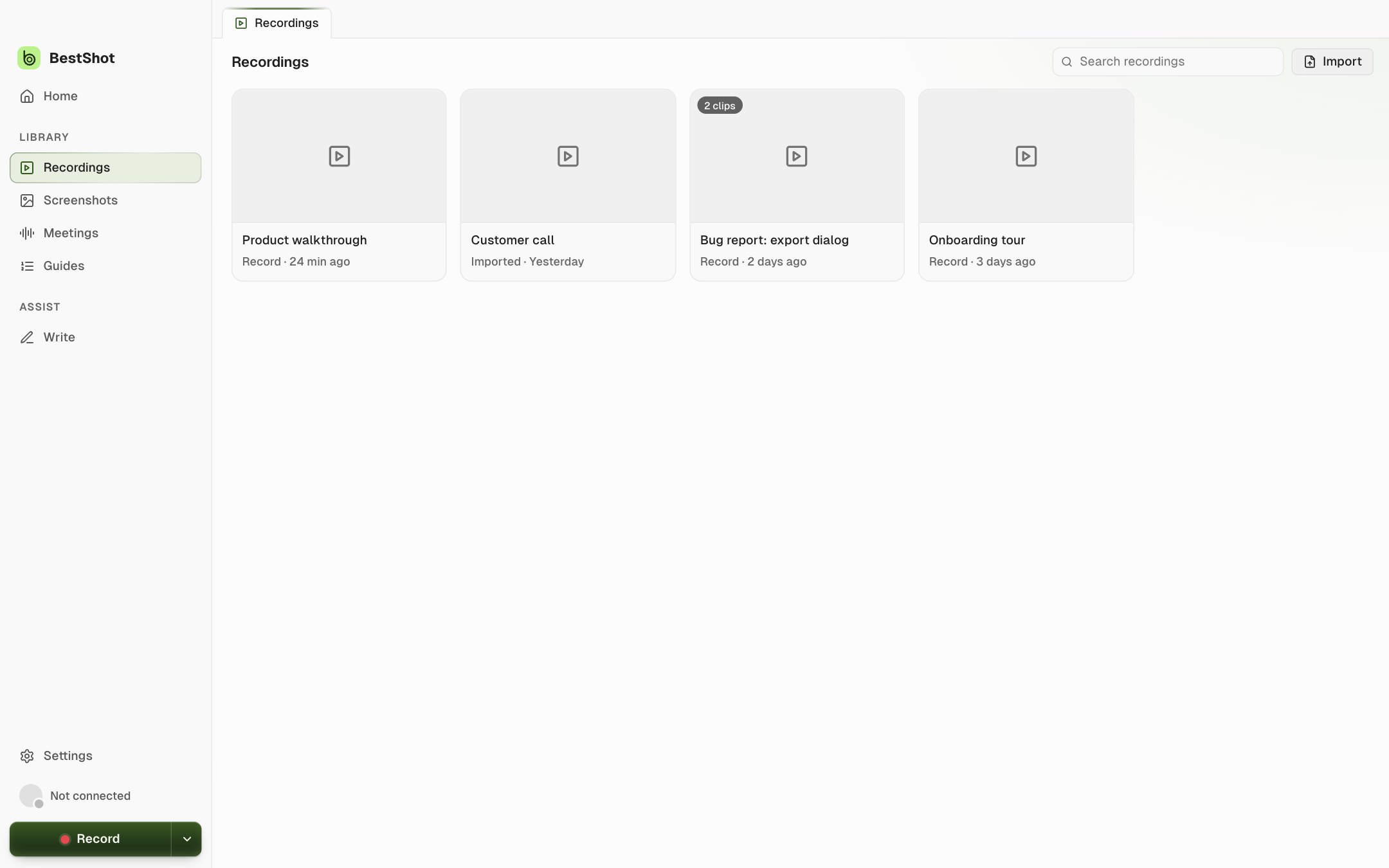 The Recordings section with an Import button beside the search box