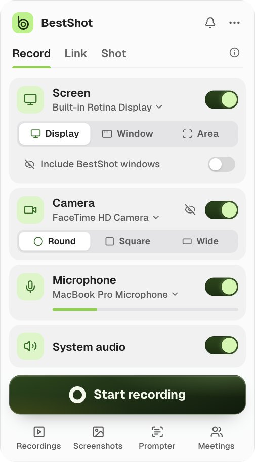The capture panel with Camera, Microphone and System audio turned on, a camera shape choice and a microphone level bar