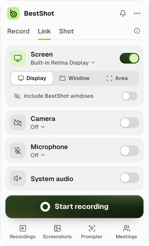 The capture panel with the Link tab selected and a Start recording button