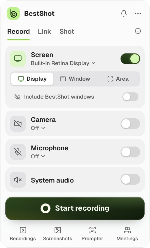 The capture panel in Record mode with Screen, Camera, Microphone and System audio cards and a Start recording button