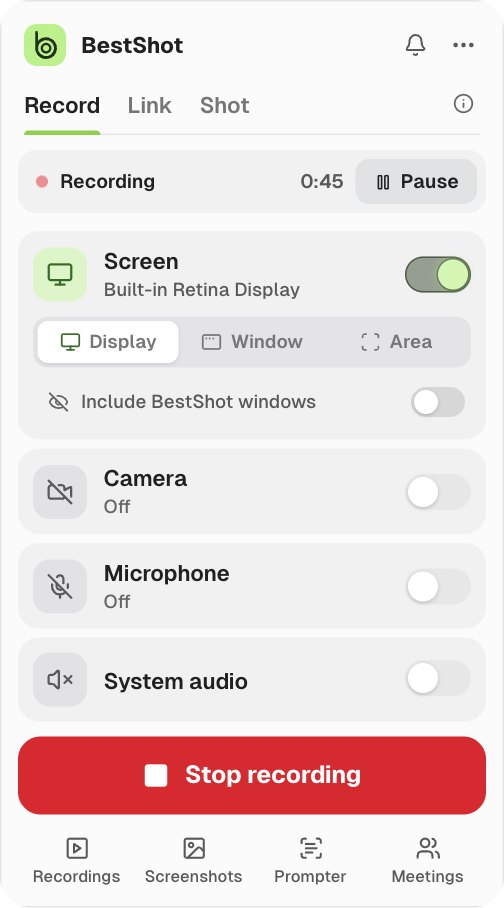The capture panel during a recording, with a Recording row showing the time and Pause, and a red Stop recording button