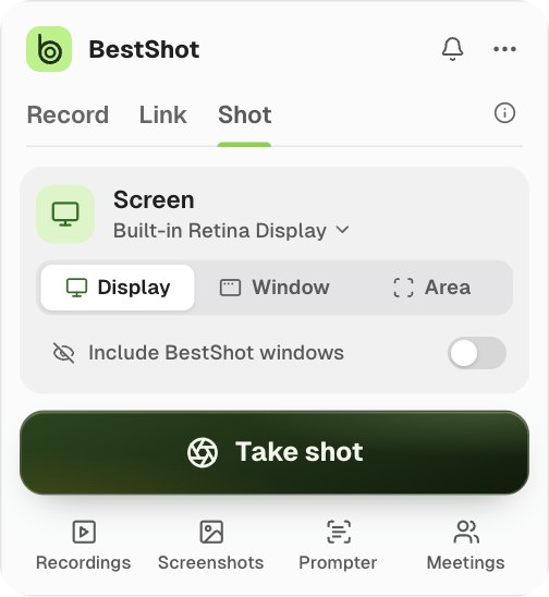 The capture panel with the Shot tab selected, showing only the Screen card and a Take shot button