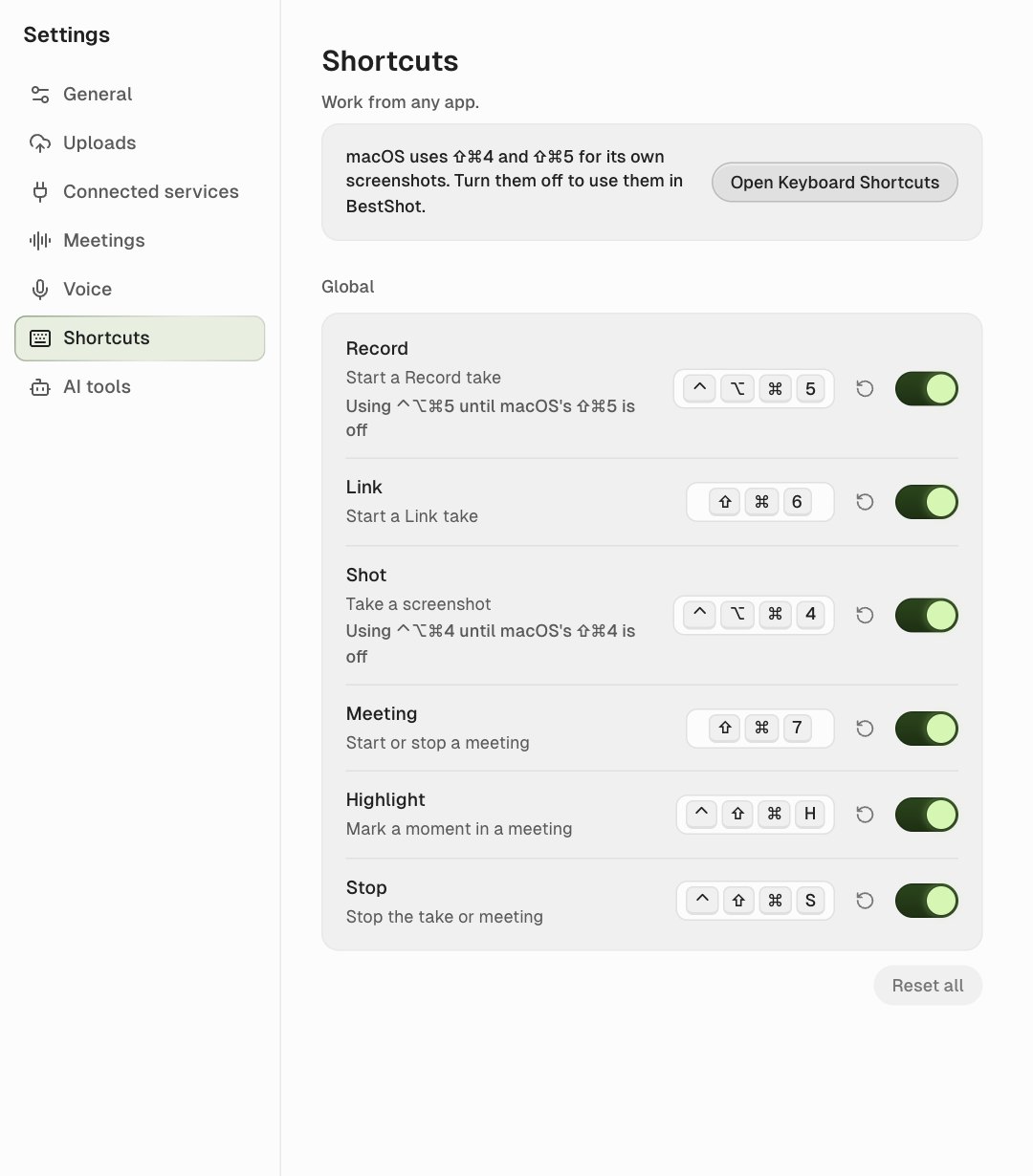 Settings, Shortcuts page with a banner saying macOS uses ⇧⌘4 and ⇧⌘5, and Record and Shot using ⌃⌥⌘5 and ⌃⌥⌘4