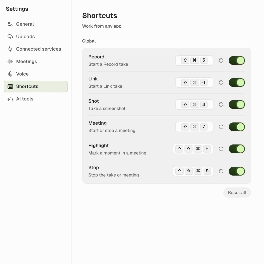 Settings, Shortcuts page listing Record, Link, Shot, Meeting, Highlight and Stop with their key combinations and switches