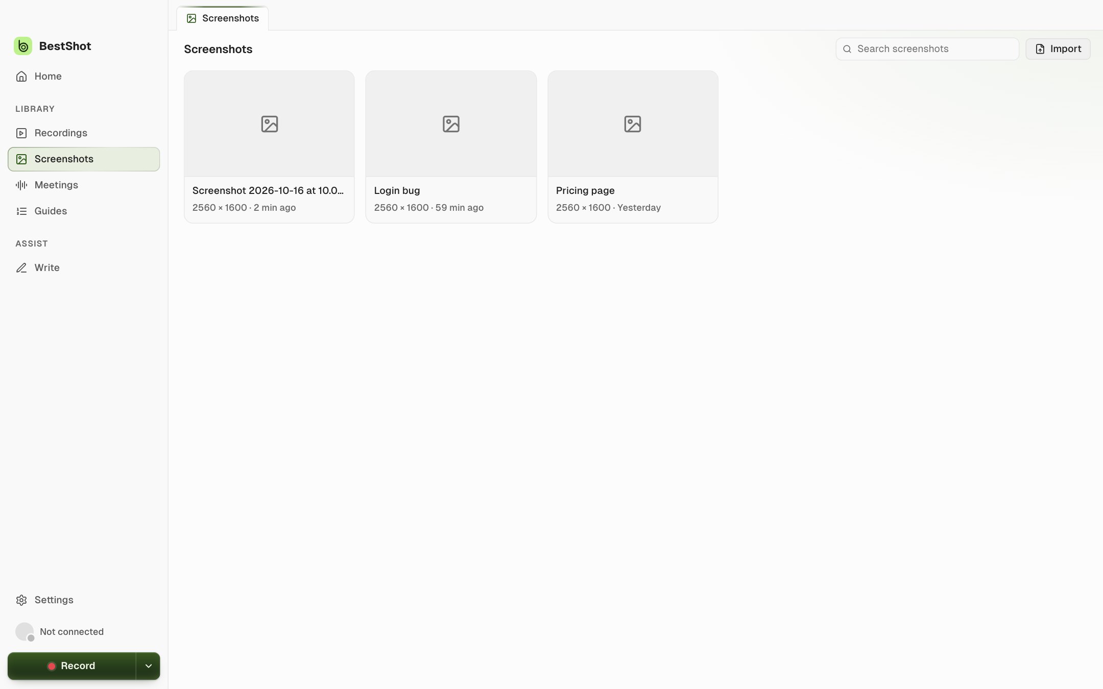The Screenshots library with three screenshot cards, a search box and an Import button