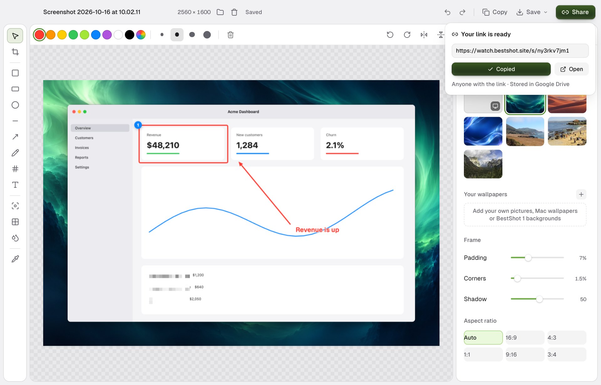 The Share popover saying Your link is ready, with the Watch link, Copied, Open, and Anyone with the link · Stored in Google Drive