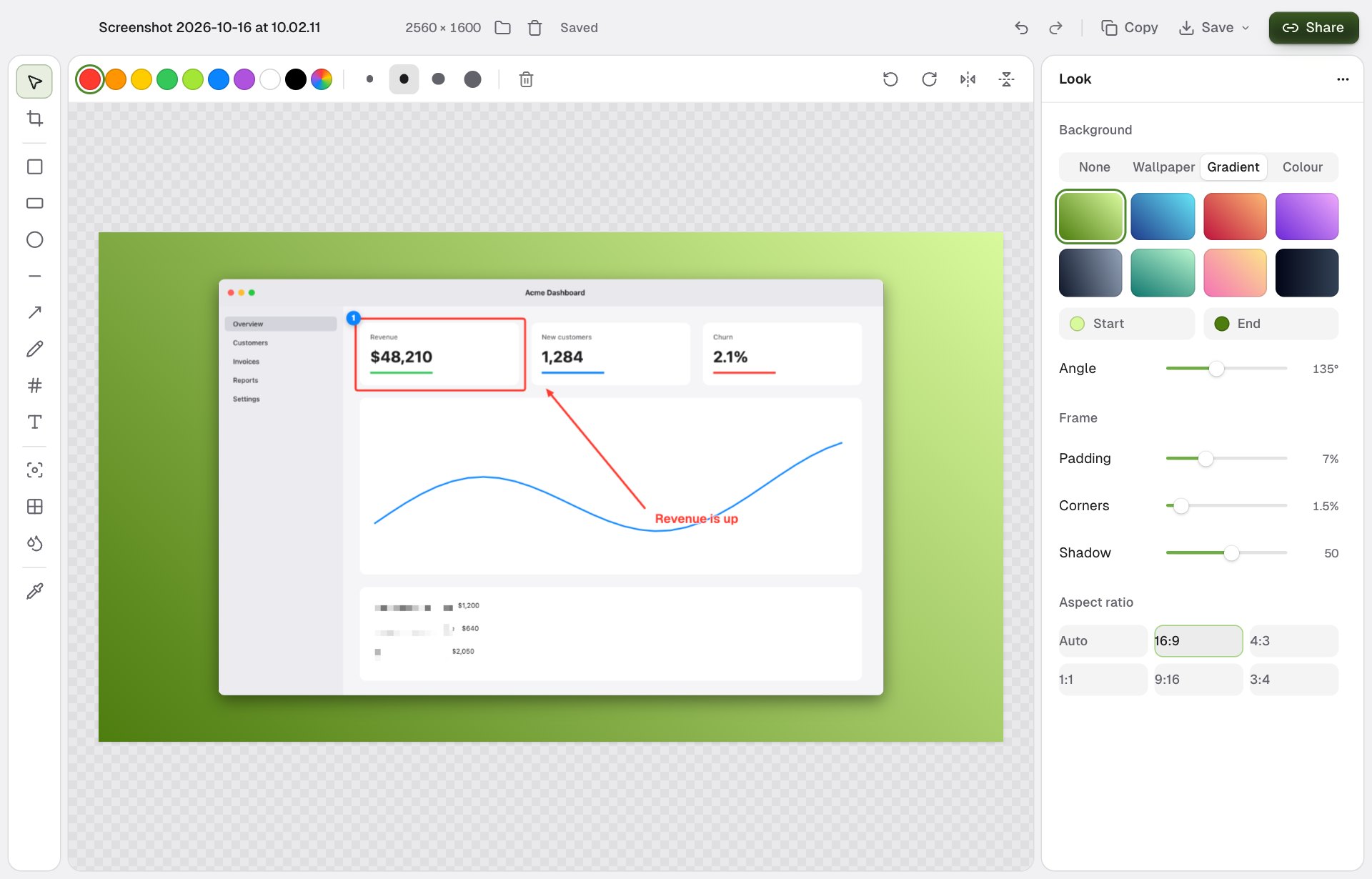 The Look panel with a green gradient background, Padding, Corners, Shadow and the 16:9 aspect ratio selected