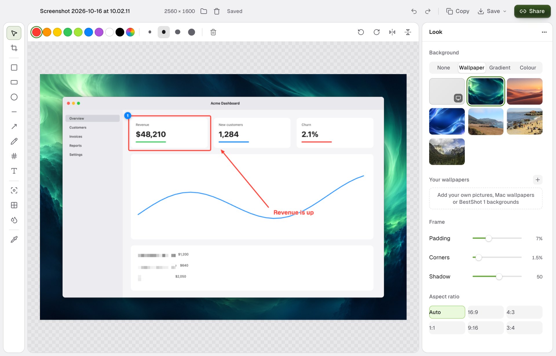 Screenshot Studio with the tools on the left, colours and sizes above the picture, and the Look panel on the right