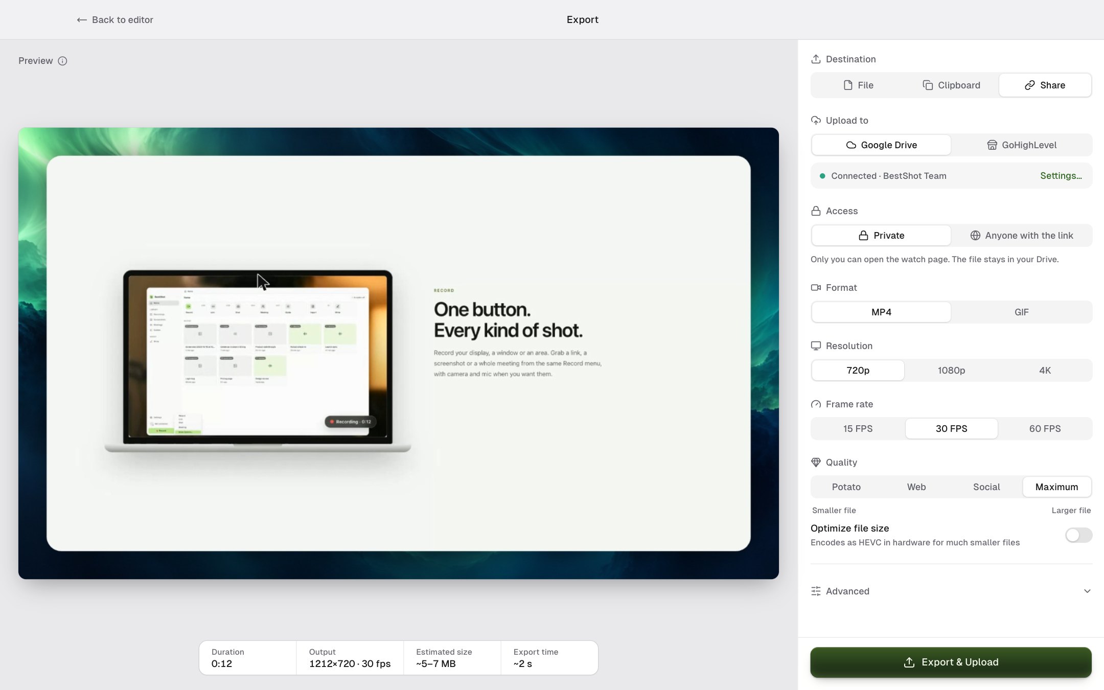 The Export page with Share selected, uploading to Google Drive with Private access