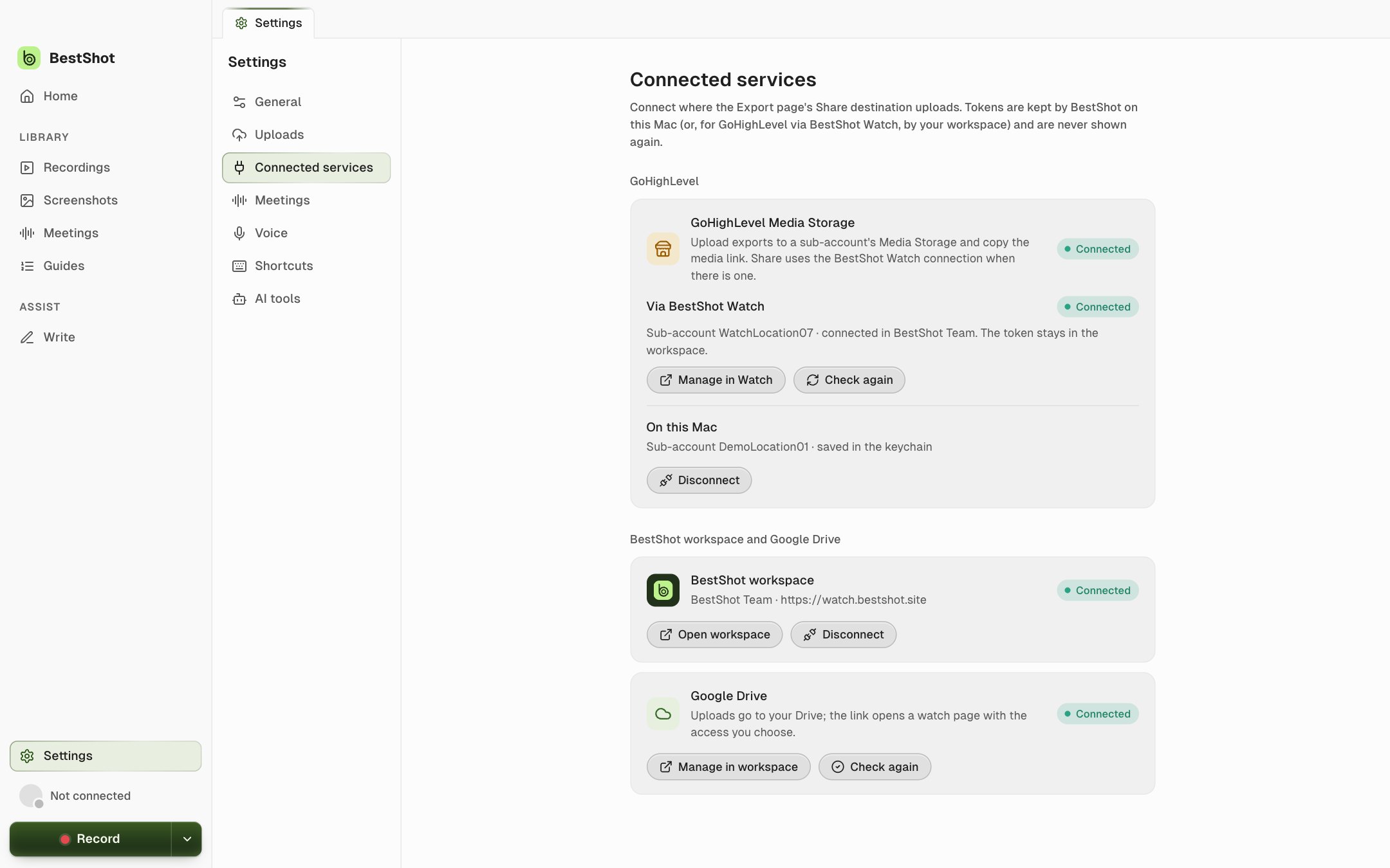 Connected services with the BestShot workspace and Google Drive both connected