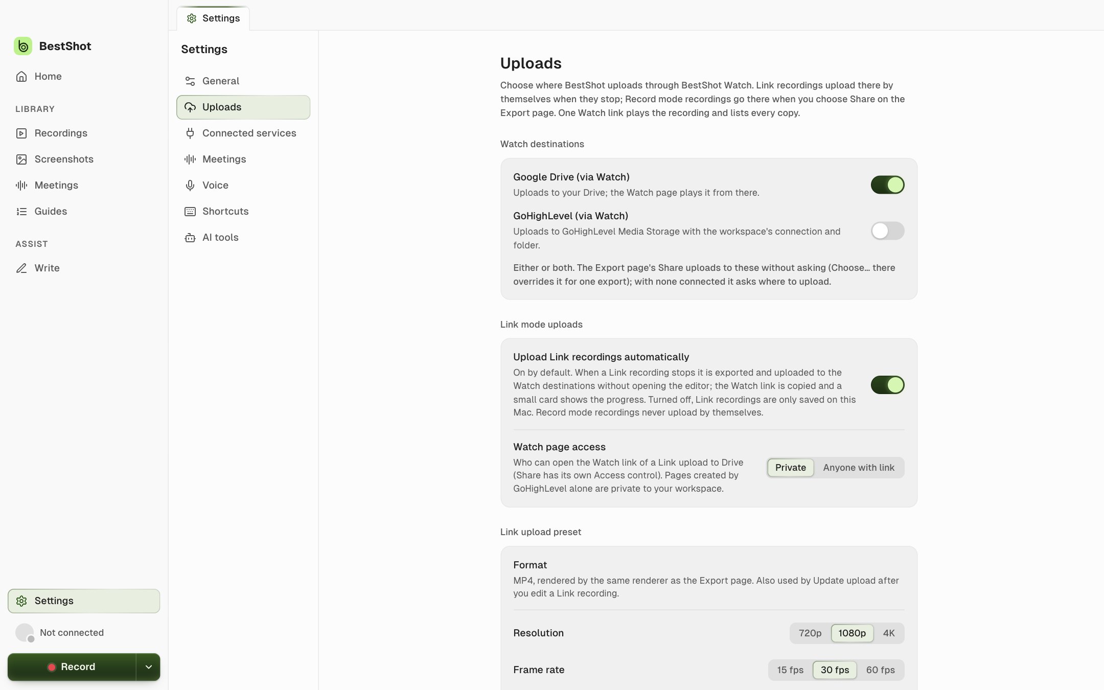 Settings, Uploads page with the Google Drive destination on and Upload Link recordings automatically turned on