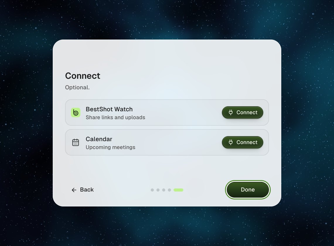 The Connect step with BestShot Watch and Calendar cards, each with a Connect button, and a Done button