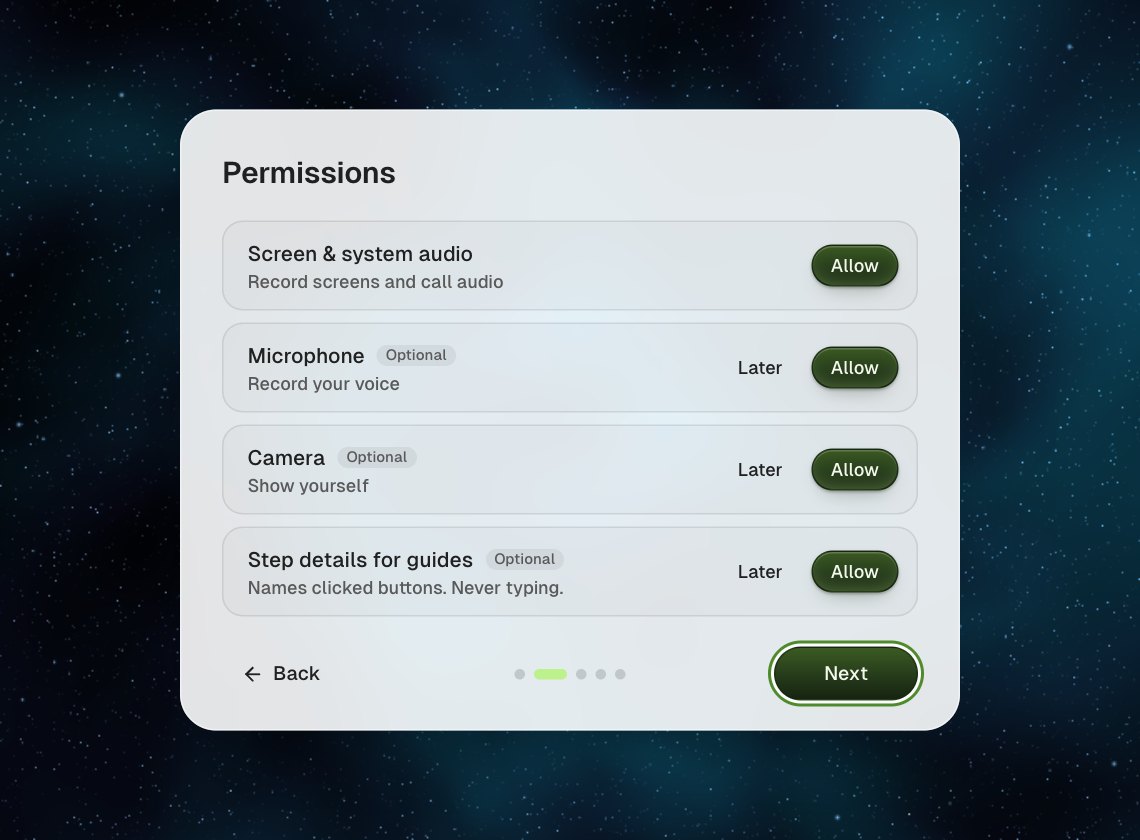 The Permissions step with cards for Screen & system audio, Microphone, Camera and Step details for guides, each with an Allow button