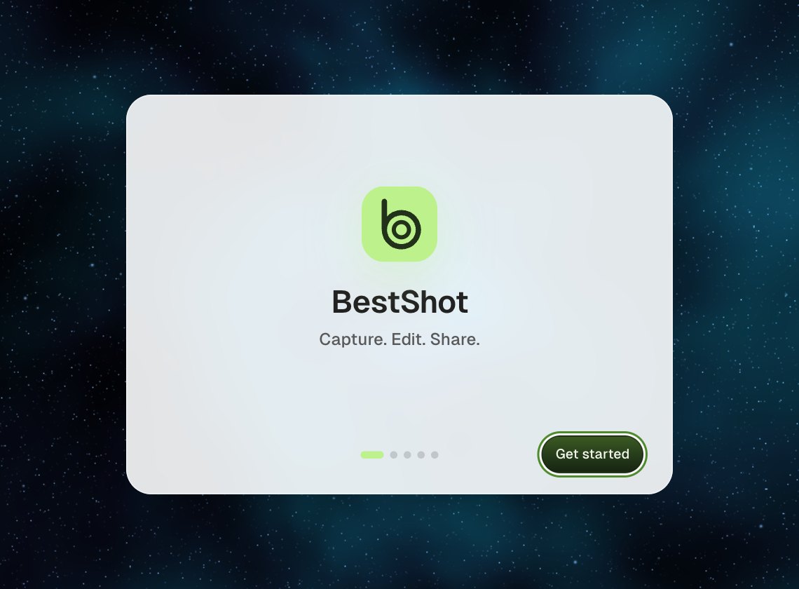 The BestShot setup window's welcome step with the BestShot logo and a Get started button