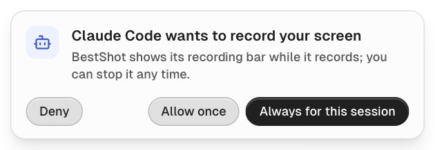 The confirm card: Claude Code wants to record your screen, with Deny, Allow once and Always for this session