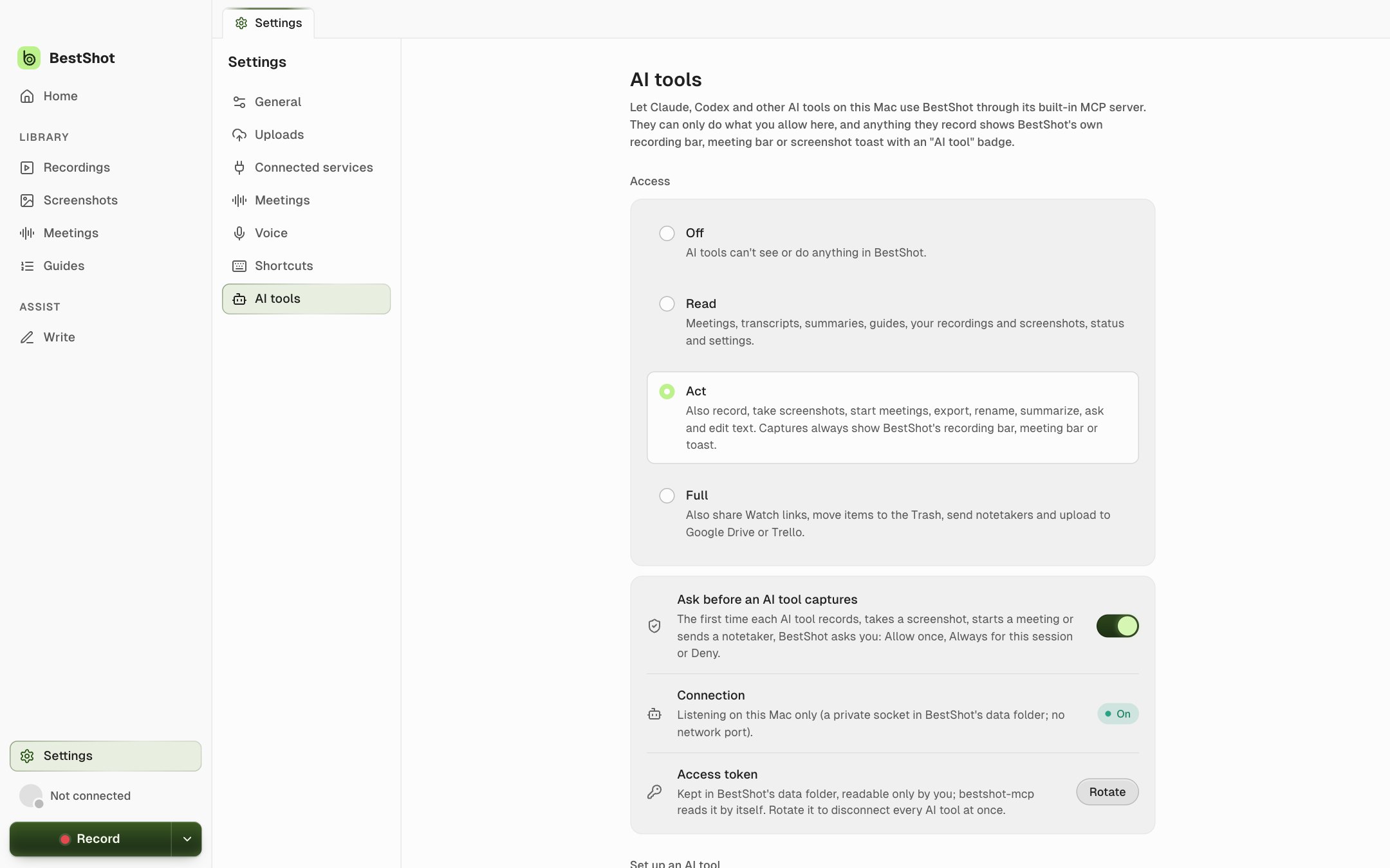 Settings → AI tools with the Off, Read, Act and Full access levels and the Ask before an AI tool captures switch