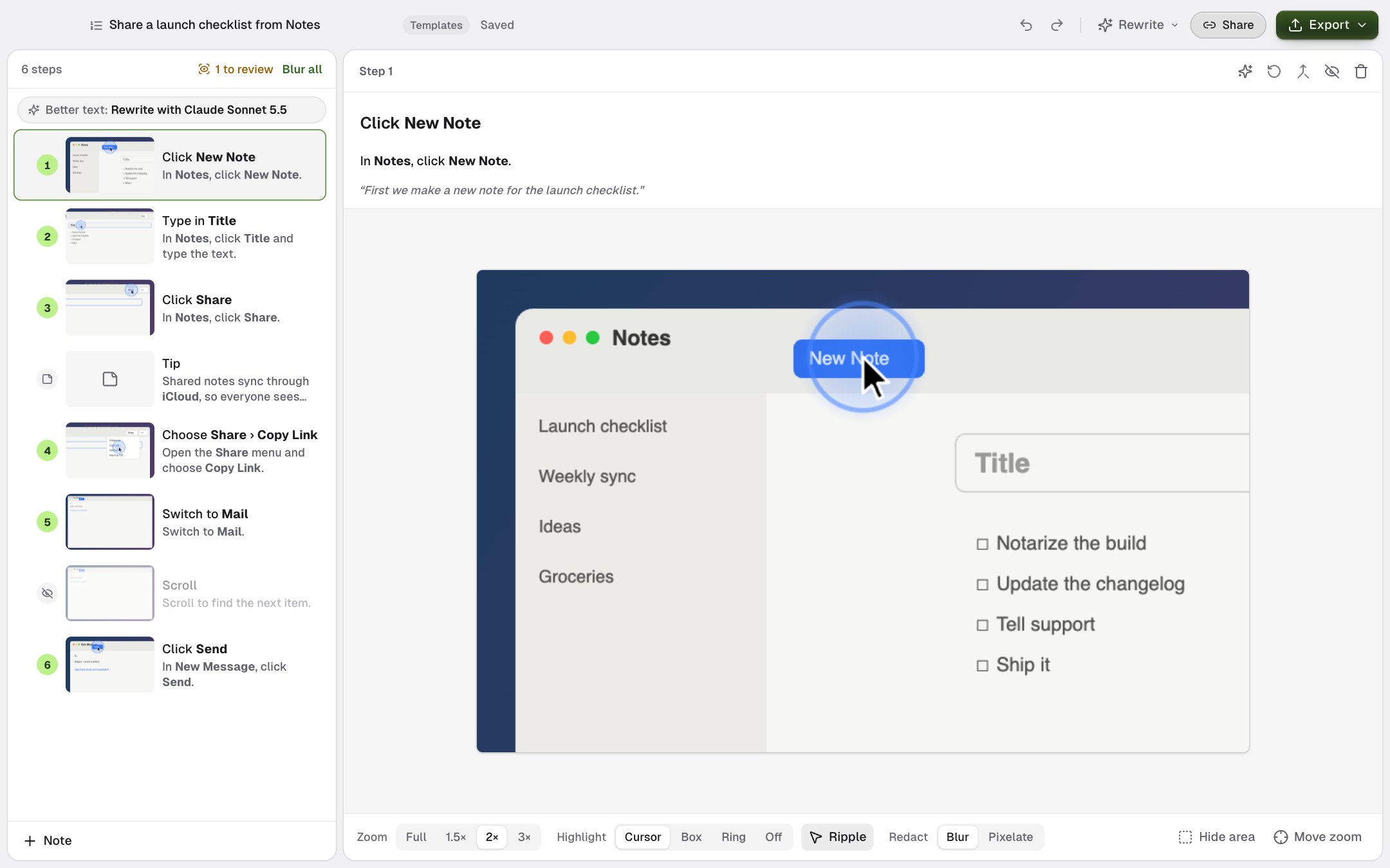 The guide editor with numbered steps on the left and the selected step's title, instruction and screenshot on the right