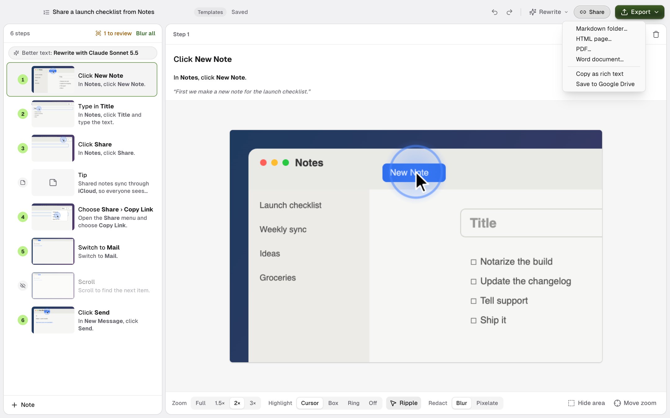The Export menu with Markdown folder, HTML page, PDF, Word document, Copy as rich text and Save to Google Drive