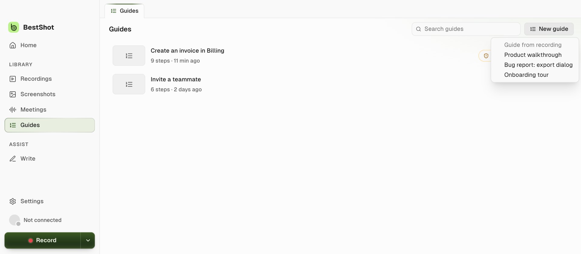 The New guide menu in Guides listing recent recordings