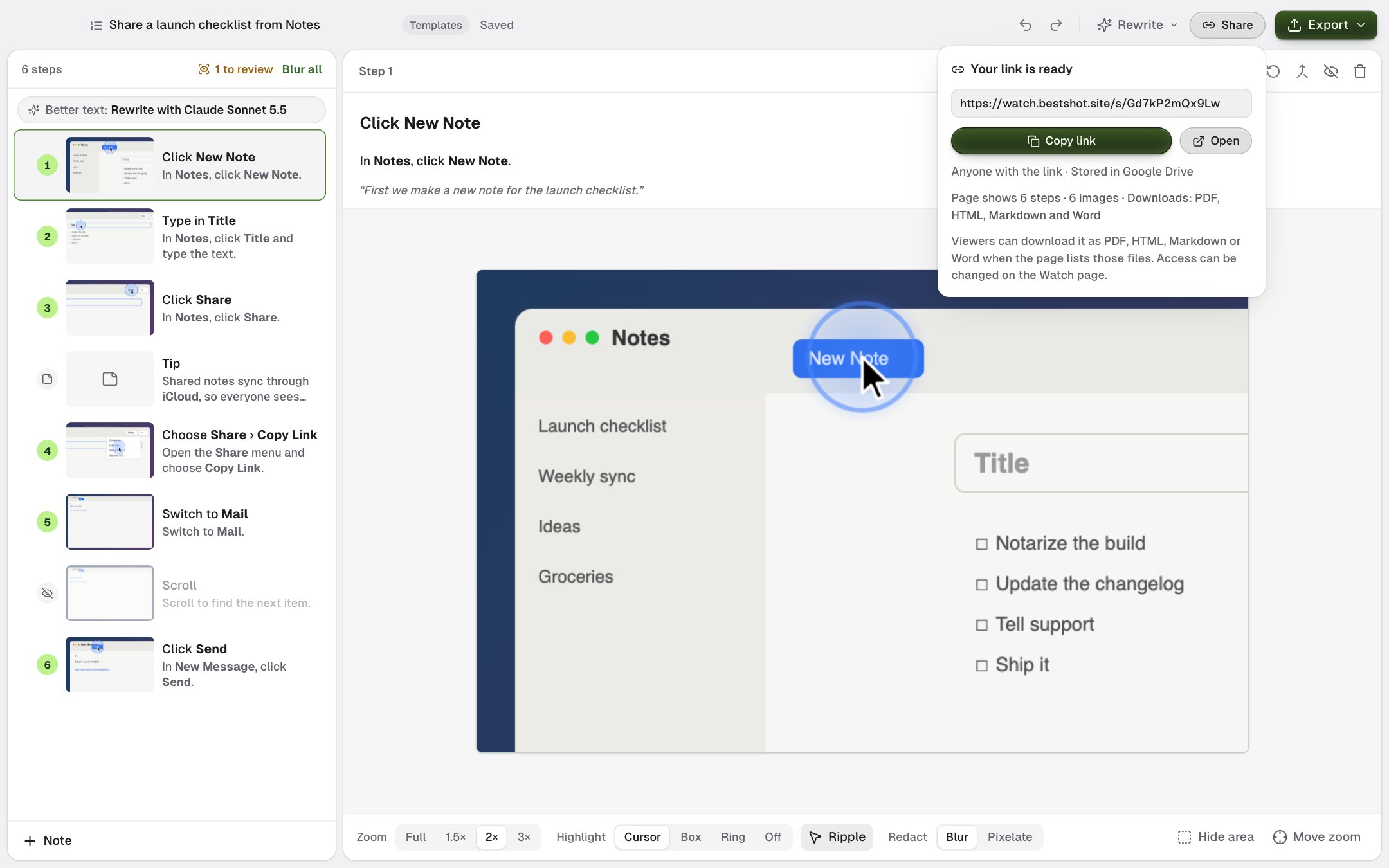 The guide share popover showing Your link is ready with Copy link and Open