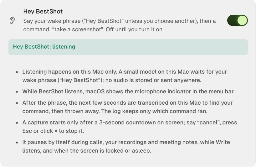 The Hey BestShot settings showing it listening, with notes on how it listens