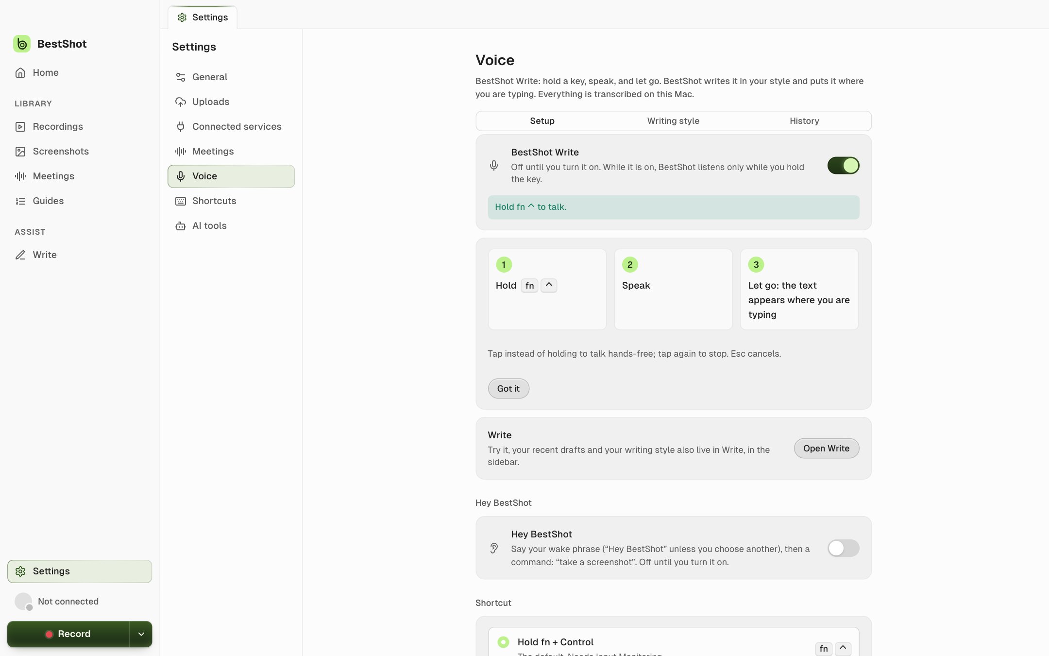 Settings → Voice with BestShot Write turned on and the three steps: Hold fn and Control, Speak, Let go