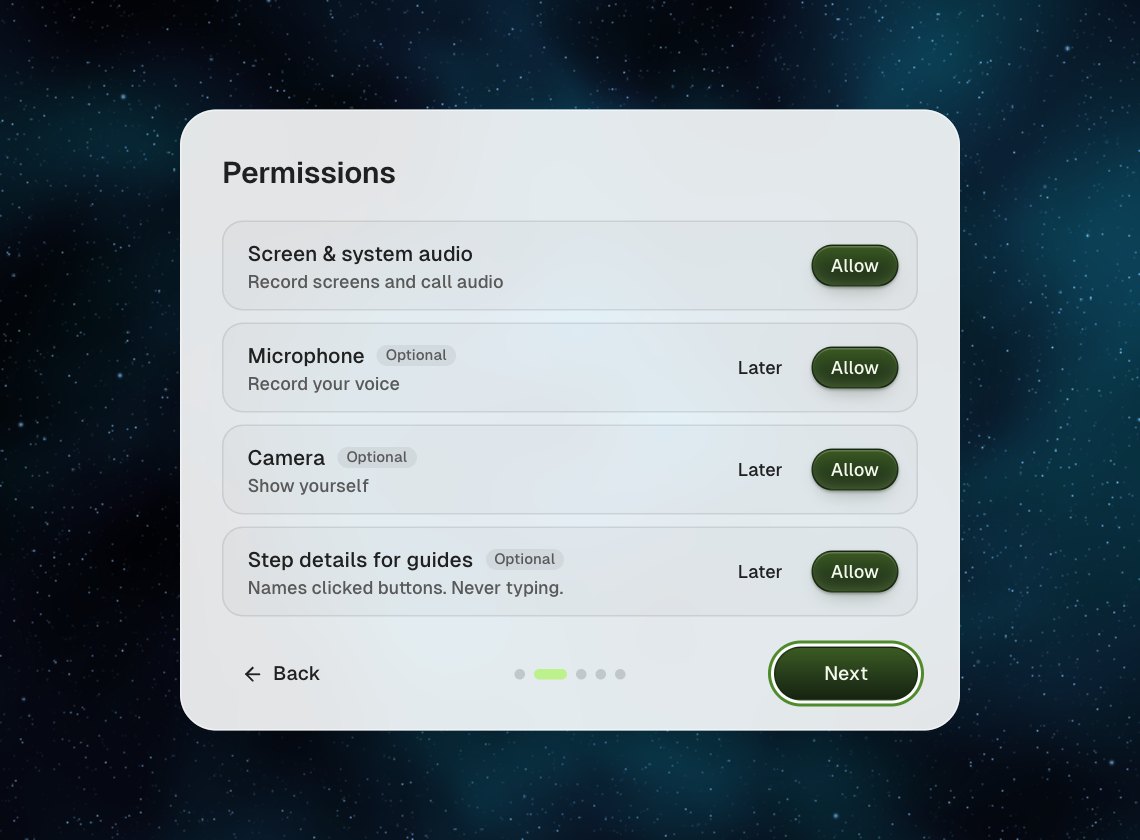 The Permissions step of setup, with Allow buttons for screen and system audio, microphone, camera and step details