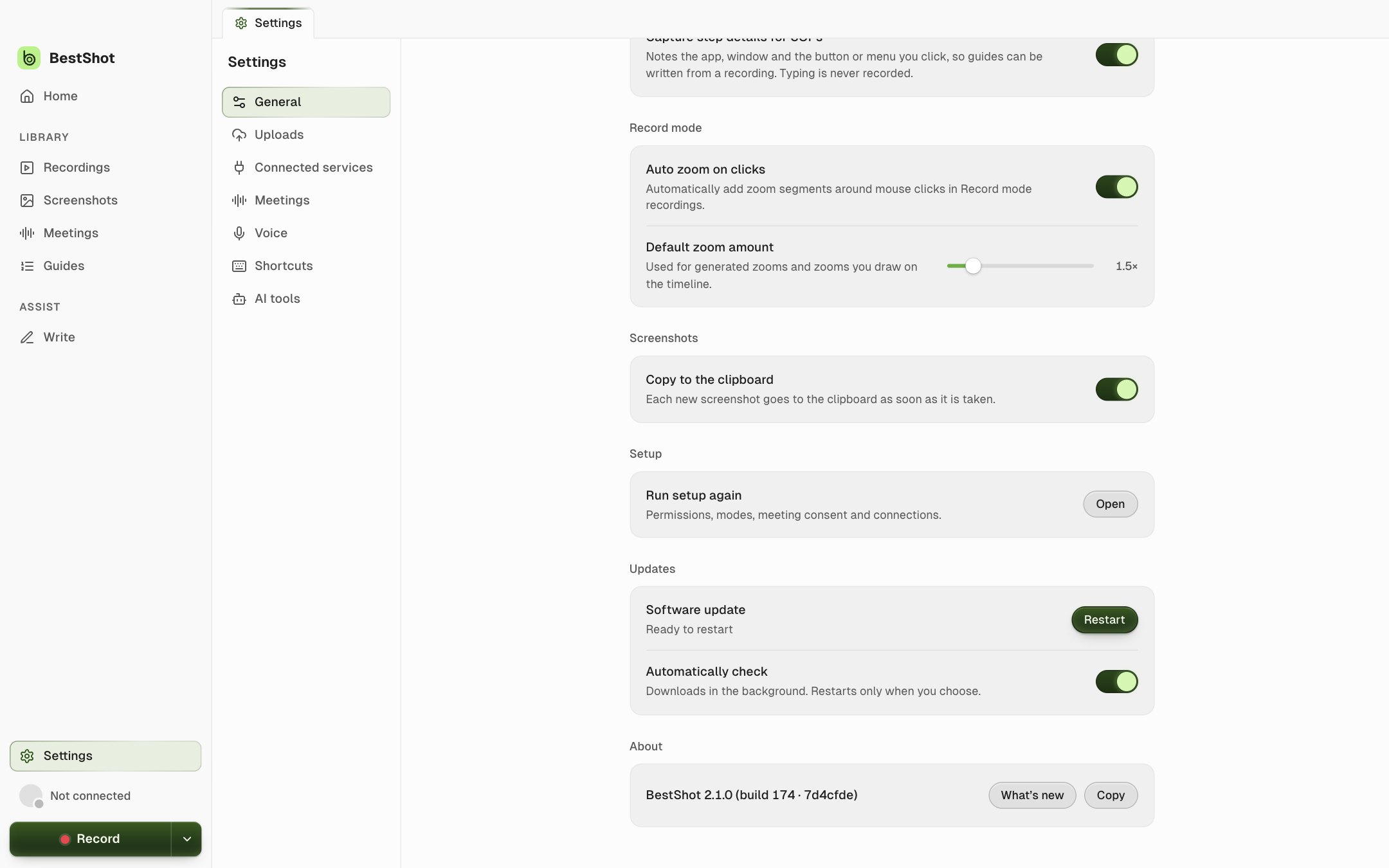 Settings, General, Updates card showing Software update Ready to restart with a Restart button